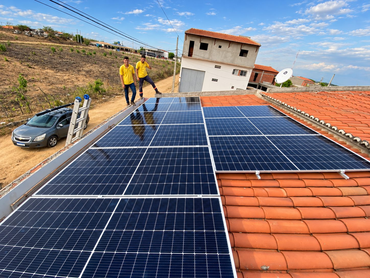 Painéis solares instalados em telhado residencial